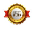 Best seller badge. Premium golden emblem, luxury genuine and highest quality product badge, gold sale offer, round