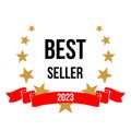 Best seller emblem, badge with wreath of gold stars, 2023 text on red ribbon for winner Royalty Free Stock Photo