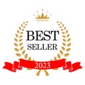 Best seller emblem, badge with wreath of laurel leaves frame, golden crown and 2023 text on red ribbon vector Royalty Free Stock Photo