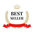 Best seller golden laurel wreath with crown, red ribbon and black text. Vector quality badge, emblem, reward or Royalty Free Stock Photo