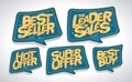 Best seller, leader of sales, hot offer, super offer, best buy - advertising sale stickers, speech bubbles