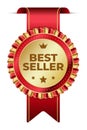 Best seller sticker label with gold medal and red ribbon. Best seller product label. Best seller golden label badge Royalty Free Stock Photo