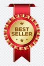 Best seller sticker label with gold medal and red ribbon. Best seller product label. Best seller golden label badge Royalty Free Stock Photo