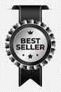 Best seller sticker label with silver medal and black ribbon. Best seller product label. Best seller golden label badge Royalty Free Stock Photo