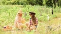 Best service for you. children work in field use gardening tool. small girls farmer in village garden. earth day. summer Royalty Free Stock Photo