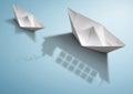 Best shipping concept, paper boat with container ship shadow