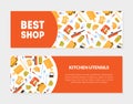 Best Shop, Kitchen Utensils Banner Templates Set with Cooking Tools Pattern Vector Illustration Royalty Free Stock Photo