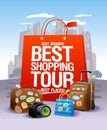 Best shopping tour design concept, big red paper bag, suitcases and camera