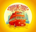 Best shopping tours design with riding double-decker bus and many paper bags on it, against sunset city background