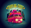 Best shopping tours poster with riding double-decker bus against night city background