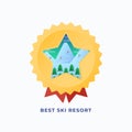 Best Snowboard Resort Medal. Vector Flat Style Illustration with Mountains and Pines Ski Routes Background. Star Rating