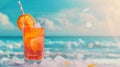 The best solution on a hot day is to drink a cool, delicious, juicy lemonade with ice. a cocktail in a glass with a straw and an Royalty Free Stock Photo