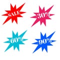 Sale, discount, percentage stickers colorful star and white letters icon 3d background