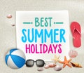 Best Summer Holidays Colorful Title Words in a paper with White Sand