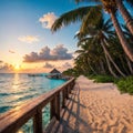 Best summer travel panorama. Maldives islands, tropical paradise coast, palm trees, sandy beach with wooden Royalty Free Stock Photo