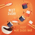 Best sushi square banner with chaotic flying around soy sauce bowl on orange background.