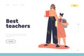 Best teachers concept of landing page with happy smiling schoolgirl holding pedagogue hand