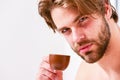 Best time to have your cup of coffee. Guy attractive appearance man enjoy hot fresh brewed coffee close up. First sip Royalty Free Stock Photo