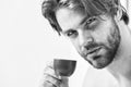 Best time to have your cup of coffee. Guy attractive appearance man enjoy hot fresh brewed coffee close up. First sip Royalty Free Stock Photo