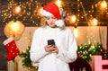 Best time together. share good news with family. happy new year. chatting with friends. woman write sms on phone. woman Royalty Free Stock Photo