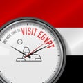 The Best Time for Visit Egypt. White Vector Clock with Slogan. Egyptian Flag Background. Analog Watch. Sphinx Icon Royalty Free Stock Photo