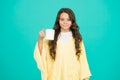 The best to drink in morning. happy girl with tea cup. good morning drink. small kid blue wall. little girl drink cocoa