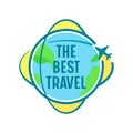 The Best Travel Icon with Airplane Flying over Earth Globe. Label or Emblem for Traveling Agency or Mobile Phone App Royalty Free Stock Photo