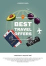 Best travel offer a4 concept. Text and square frame on the background of the attributes of tourism. Applicable for