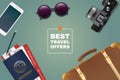 Best travel offer illustration. Tourism stuff on table. Passport, tickets, sunglasses, phone, suitcase and photo frame