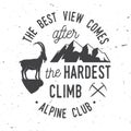 Vintage typography design with ice axe, rock climbing Goat and mountain silhouette.