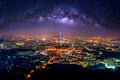 The best view of South Korea with Lotte world mall and Milky way at Namhansanseong Fortress. Royalty Free Stock Photo