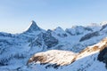 Best Viewing point for the Matterhorn in Zermatt. Amazing views over the snowy Swiss and Italian alps. Beautiful sunny day