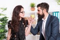 Best vitamin snack. Bearded man and sexy woman taking snack break in office. Sensual secretary and boss holding healthy Royalty Free Stock Photo