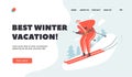 Best Winter Vacation Landing Page Template. Santa Skier Riding Downhills. Christmas Character in Red Tracksuit Skiing