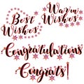 Best wishes. Warm wishes. Congratulations congrats. Wordart set. Greeting labels collection. Heart flower pattern elements.