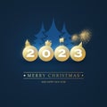 Best Wishes - Decorative Merry Christmas and Happy New Year Card Background with Blue Pine Trees and Golden Balls Royalty Free Stock Photo