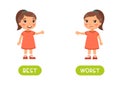 Best and worst antonyms word card vector template. Flashcard for english language learning.