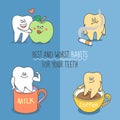Best and worst habits for your teeth. Tooth with an apple, milk, coffee, and a cigarette