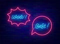 Best, wow neon lettering with speech bubble. Shiny calligraphy. Glowing text. Social media message. Vector illustration