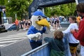 Bestseller Aarhus City Half Marathon: Birdy mascot entertaining some children on 12 June 2022 in Aarhus, Denmark