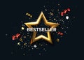 Bestseller award sign with golden star and confetti