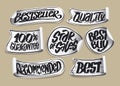 Bestseller, quality, star of sales, best buy, recommended, 100 percents guarantee - vector black and white stickers