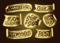 Bestseller, quality, star of sales, best buy, recommended, 100 percents guarantee - vector golden stickers