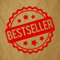 Bestseller rubber stamp award vector red on a crumpled paper brown background.