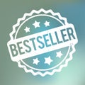 Bestseller rubber stamp award vector white on a blue bokeh background. Royalty Free Stock Photo