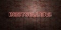 BESTSELLERS - fluorescent Neon tube Sign on brickwork - Front view - 3D rendered royalty free stock picture