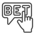 Bet, hand pointer, click, make a bet line icon, gamblimg concept, wager, betting vector sign on white background