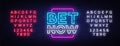 Bet Now Neon sign vector. Light banner, bright night neon sign on the topic of betting, gambling. Editing text neon sign Royalty Free Stock Photo