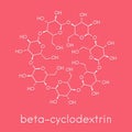 Beta-cyclodextrin molecule. Used in pharmaceuticals, food, deodorizing products, etc. Composed of glucose molecules. Skeletal.