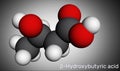 Beta-Hydroxybutyric acid, 3-hydroxybutyric acid molecule. It is beta hydroxy acid, is precursor to polyesters, biodegradable